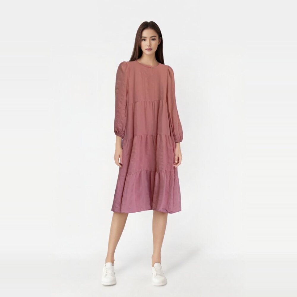 Aura Blush Pink Tiered Midi Dress Long Sleeve